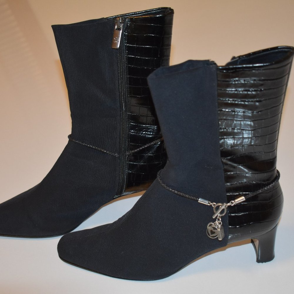Vintage Black Heeled Boot- By Brighton/ Quick,  made in Italy 7M, silver Charms